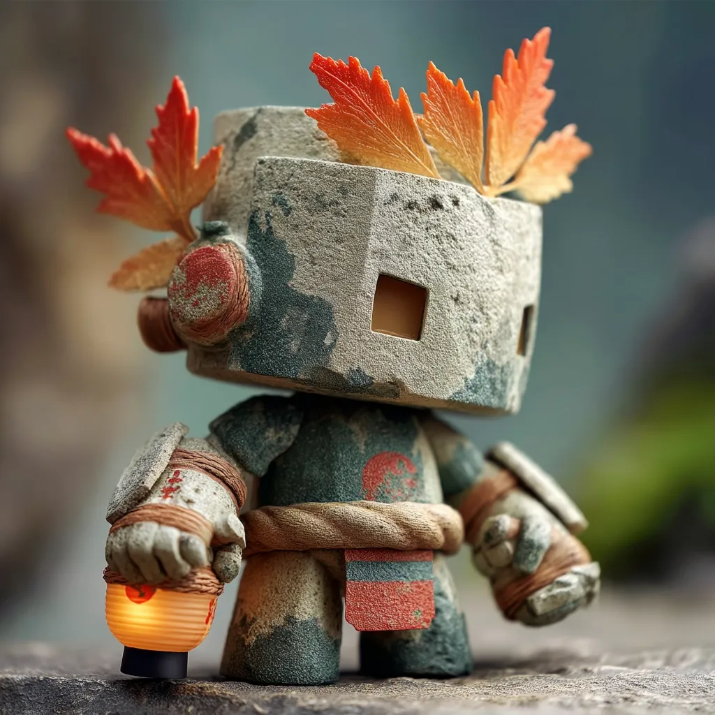 A weathered, cube-shaped robot figurine stands on a rock.  It's adorned with autumnal leaves atop its head and carries a small, glowing lantern.  The robot's body is textured to resemble stone, with muted greens, grays, and reddish-brown accents.  Its design suggests a blend of futuristic and ancient elements, creating a unique, artistic collectible.