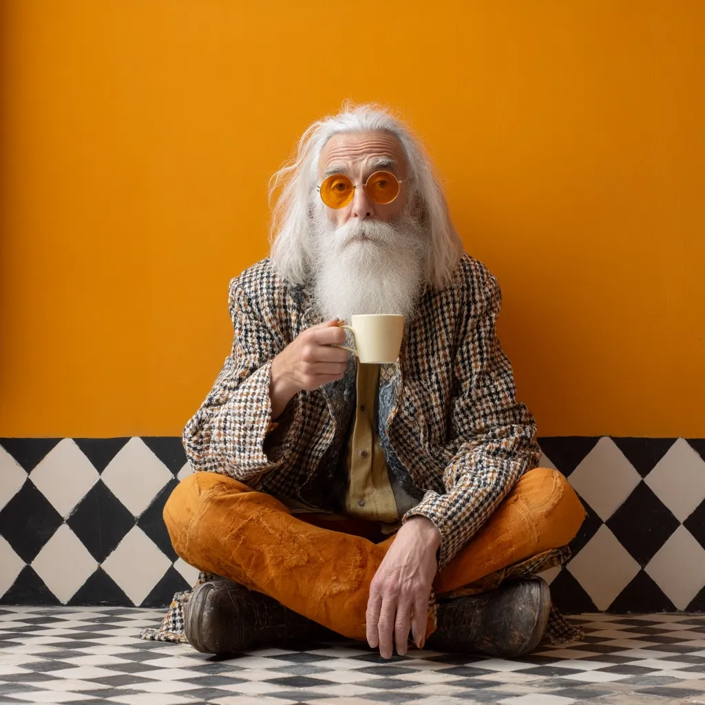A long-haired, elderly man with a long white beard and orange-tinted sunglasses sits cross-legged on a black and white checkered floor against a vibrant orange wall. He is dressed in a patterned jacket and orange corduroy pants, holding a small, light-colored cup.  He looks directly at the camera with a calm expression.