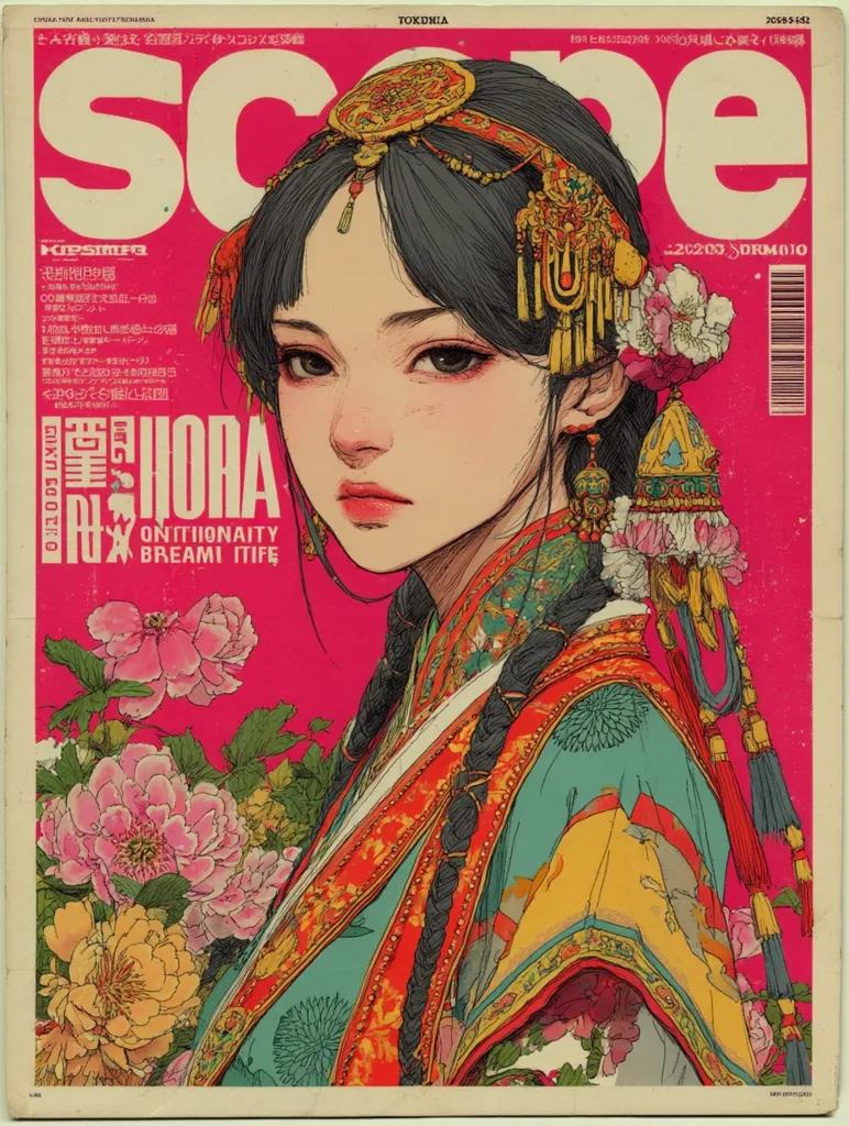 A magazine cover features a striking illustration of a young woman in traditional East Asian attire.  She wears an elaborate headdress and ornate clothing, adorned with vibrant flowers. The artwork is highly detailed, showcasing intricate patterns and textures.  The magazine's title, "SCOPE," is prominently displayed, along with other text in both English and another language, suggesting a publication with an international audience. The overall aesthetic blends traditional Asian art styles with a modern, graphic sensibility.