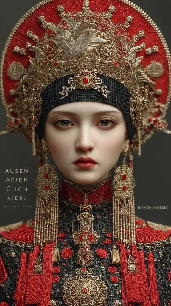 A digital portrait of a woman adorned in elaborate Chinese-inspired attire.  She wears a magnificent red and gold headdress, intricate earrings, and a richly embroidered dark garment with red accents.  The style is opulent and regal, showcasing detailed craftsmanship and a blend of traditional and fantastical elements. Her expression is serene and composed.