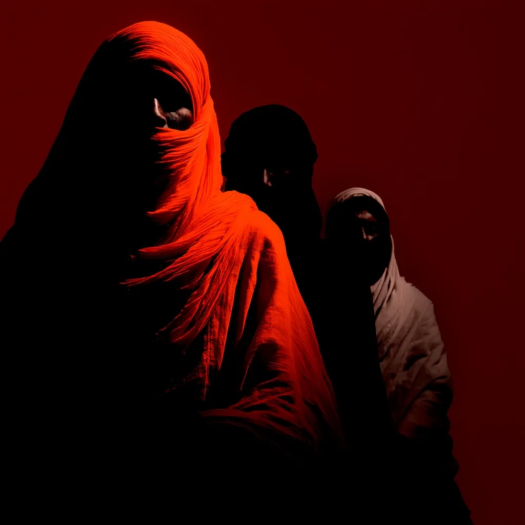 A dramatic, dimly lit image features three figures, predominantly women, draped in flowing fabrics.  The central figure is strikingly dressed in a vibrant, deep red garment that covers her head and body, leaving only a portion of her face visible.  Two others, partially obscured, stand behind her, clad in lighter, less distinct fabrics. The deep red background enhances the overall mood of mystery and intensity.