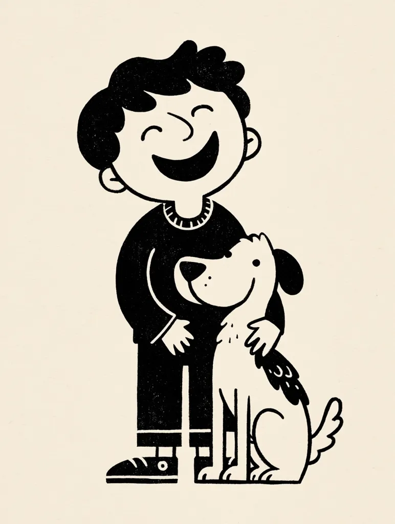 A black and white illustration depicts a joyous boy with a broad smile, embracing a friendly dog.  The boy's cheerful expression and the dog's calm posture suggest a strong bond.  The simple, bold lines create a charming and heartwarming scene, reminiscent of children's book illustrations. The style is minimalist and expressive.