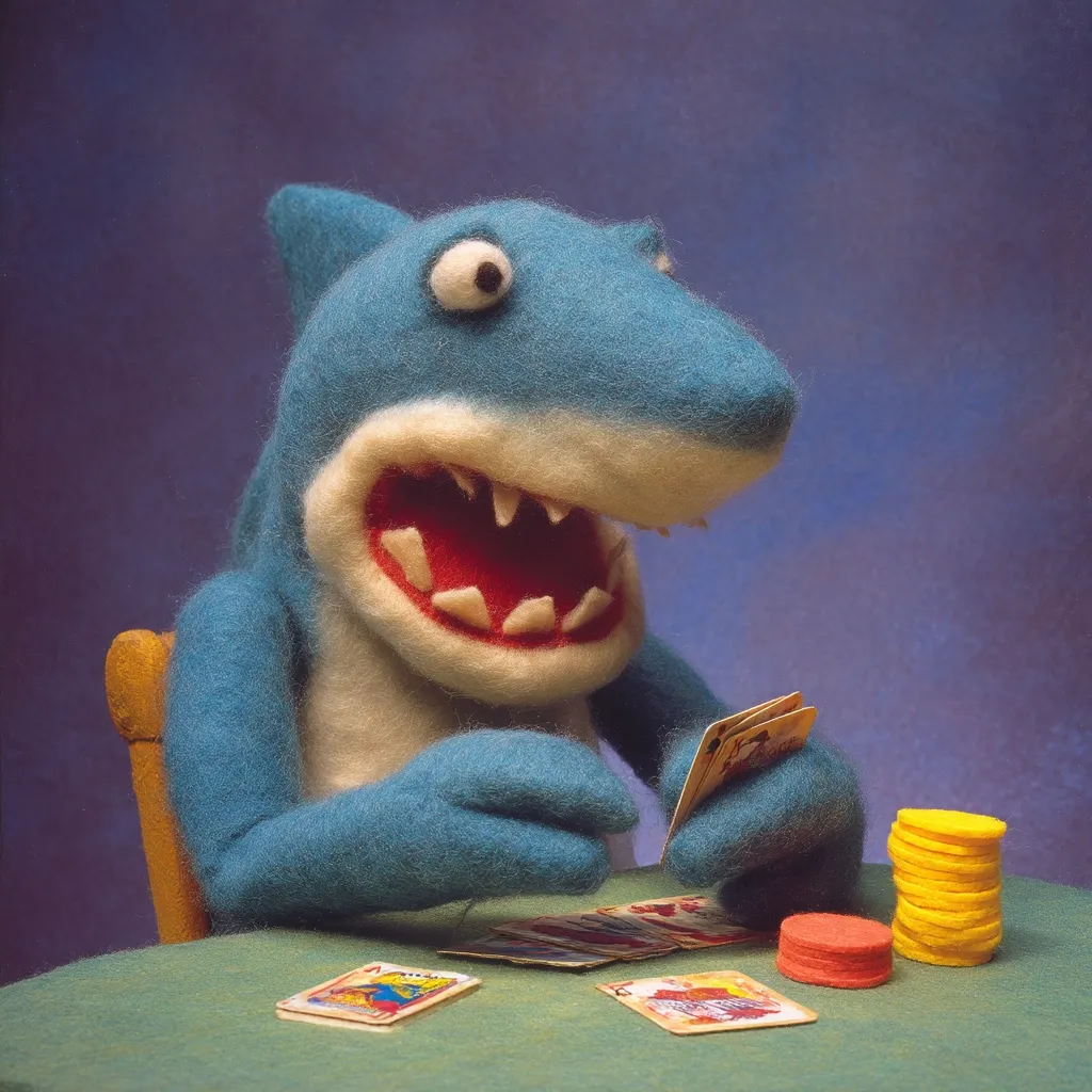 A teal felt shark puppet sits at a table, intensely focused on a hand of cards.  Its mouth is open in a wide grin, revealing sharp felt teeth.  Stacks of poker chips sit beside the scattered playing cards. The background is a muted purple, providing a stark contrast to the bright puppet. The scene is whimsical and suggests a playful game in progress.