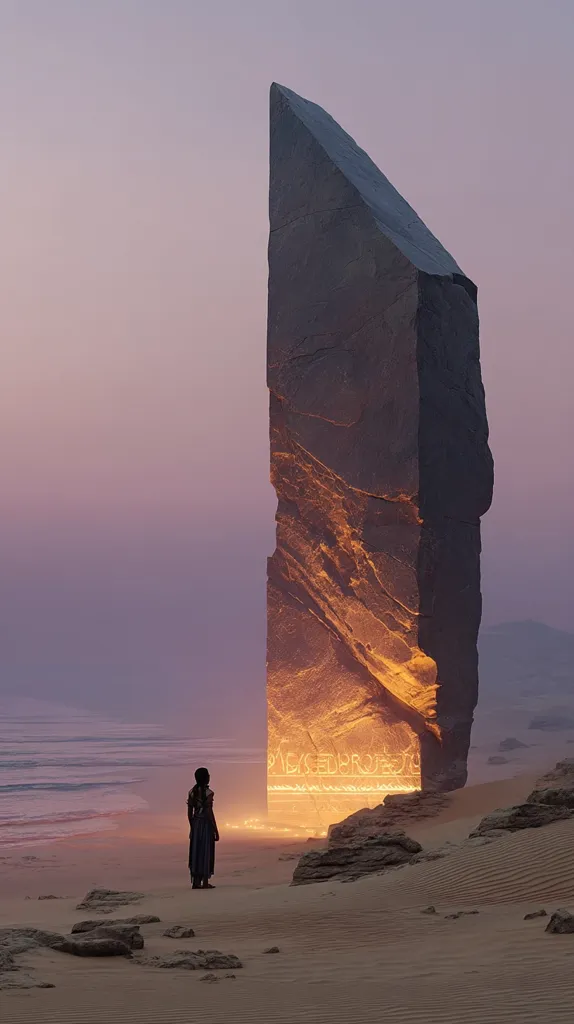 A lone figure stands on a sandy beach at sunset, gazing at a colossal, monolithic stone structure.  The tall, slender rock glows with an inner light, revealing inscriptions etched into its surface.  The scene evokes a sense of mystery and ancient power, suggesting a place of pilgrimage or a forgotten civilization. The vast, empty beach and serene sky amplify the monument's imposing presence.