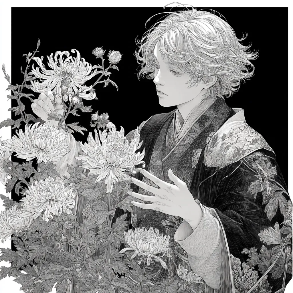A monochromatic illustration depicts a young person, possibly male, with shoulder-length, wavy hair, dressed in a traditional Japanese kimono.  They are delicately interacting with a cluster of chrysanthemum flowers, their hands gently caressing the blossoms. The intricate details of both the clothing and the flowers are meticulously rendered in a highly detailed, almost photographic, style. The overall mood is serene and contemplative, set against a stark black background.
