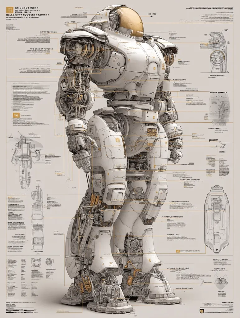 A detailed technical drawing showcases a colossal mecha, the "CMOLACT RAMP," with meticulous annotations illustrating its internal mechanisms and external components.  The design is predominantly off-white, with gold accents highlighting key structural elements.  The image resembles a blueprint, offering a comprehensive view of the robot's intricate engineering.  Various diagrams depict individual parts and their assembly.