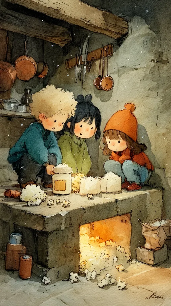 Three children gather around a rustic stone oven, mesmerized by freshly popped popcorn.  The cozy kitchen, filled with hanging copper pots and utensils, exudes warmth.  The children, dressed in warm clothes, seem engrossed in the simple pleasure of sharing the treat, a scene brimming with childhood charm and rustic ambiance.  The spilled popcorn adds to the delightful chaos of the moment.