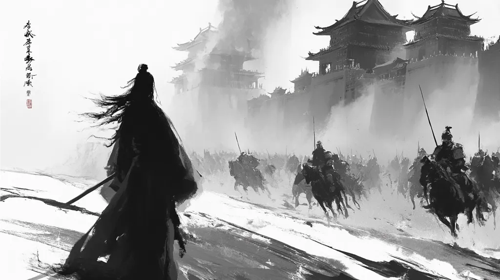 A lone figure, possibly a warrior, stands with their back to the viewer, a sword at their side.  They are silhouetted against a vast, misty landscape, a large army of mounted soldiers retreating towards a grand, ancient-looking city wall in the background. The scene is rendered in a monochrome style, evocative of traditional East Asian ink painting, with strong brushstrokes and atmospheric perspective.  The overall mood is one of somber retreat or aftermath of battle.