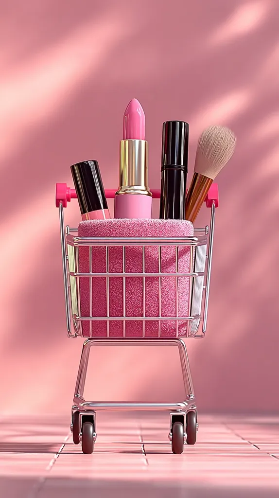 A miniature shopping cart sits on a pink tiled floor, filled with pink-themed makeup.  A pink lipstick, a smaller pink tube, a black mascara, and a blush brush are nestled in a pink cloth within the cart. The scene is brightly lit, with soft shadows creating a stylish, minimalist aesthetic.  The overall image evokes a concept of beauty shopping or a makeup haul.