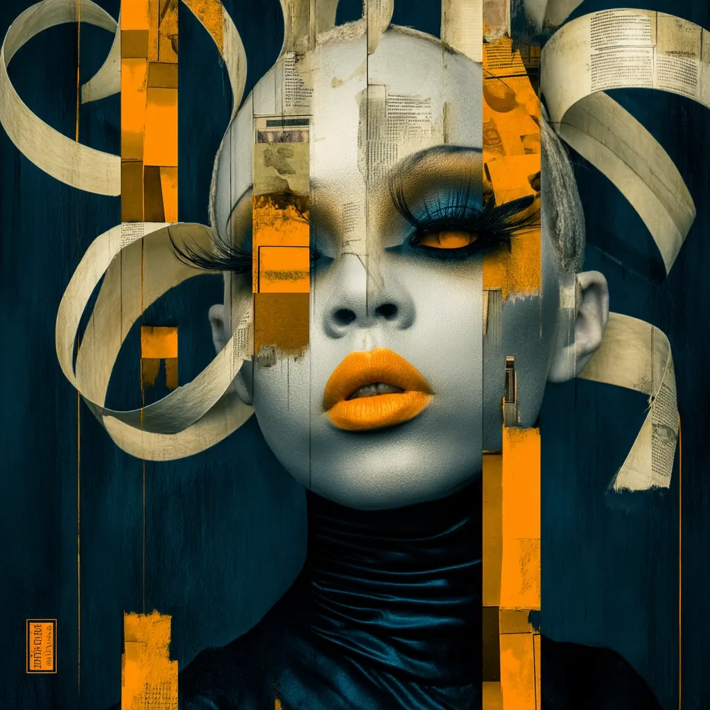 A stylized portrait of a woman's face, composed of fragmented textures and bold colors.  Her pale skin contrasts with vibrant orange lips and dramatic eye makeup.  Newspaper clippings and swirling beige ribbons frame her face, creating a collage effect against a dark blue background.  The overall style is abstract and evocative, suggesting themes of identity and fragmentation.  Bold orange vertical stripes add a graphic element.