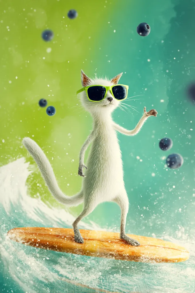 A cool cat, wearing bright green sunglasses, surfs a small wave.  Blueberries float around it as if in a playful, summery breeze. The cat stands confidently on its surfboard, one paw raised in a casual gesture.  The scene is vibrant and whimsical, combining elements of nature and fun.