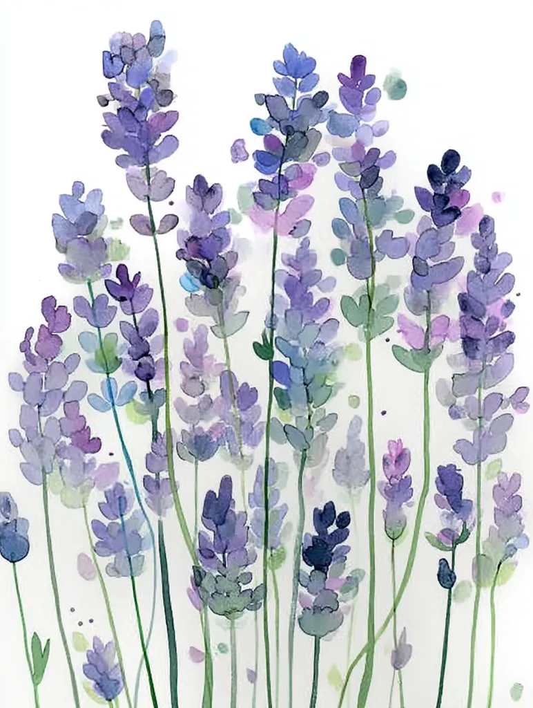 A watercolor painting depicts a cluster of lavender flowers.  The delicate brushstrokes create a soft, ethereal effect.  Various shades of purple and lavender blend together, with hints of green in the stems.  The background is a light, almost white, creating a peaceful and serene atmosphere. The overall style is loose and impressionistic, focusing on capturing the essence of the lavender rather than precise detail.