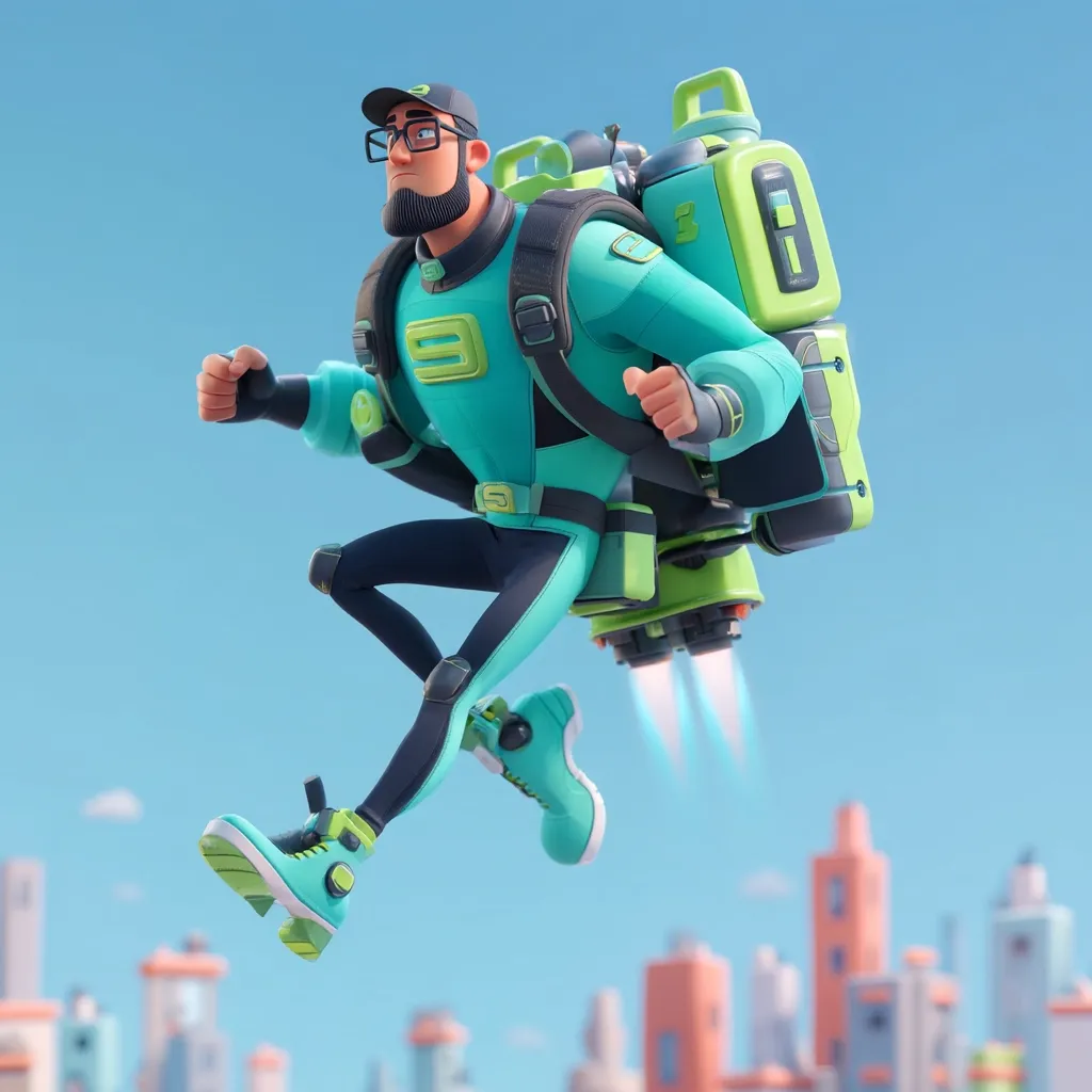 A stylized 3D cartoon character, a bearded man wearing teal and black futuristic attire and glasses, is depicted mid-flight.  He's equipped with a vibrant green and teal jetpack, emitting small thrusters. The backdrop showcases a blurred cityscape, suggesting a high-speed journey through an urban environment. The overall style is playful and energetic.