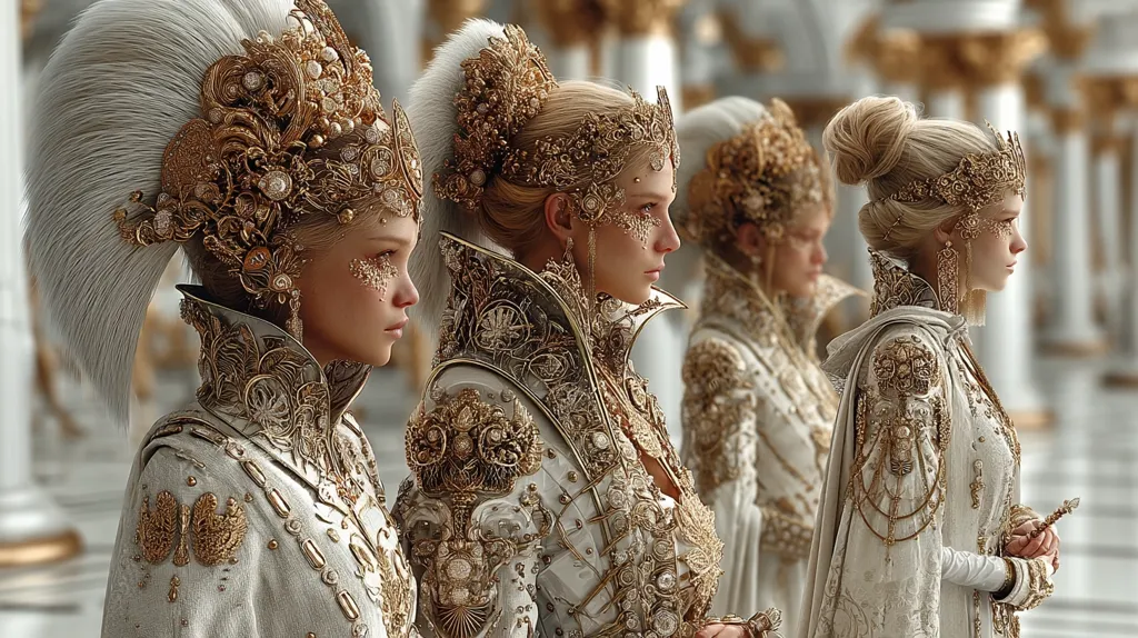 Three women in elaborate, ornate gold and white gowns stand in profile. Their hairstyles are adorned with magnificent gold headpieces, and their clothing features intricate embroidery and embellishments.  The background suggests a grand, palatial setting, with classical architecture visible.  The overall aesthetic is one of regal fantasy, possibly inspired by historical or mythological royalty.