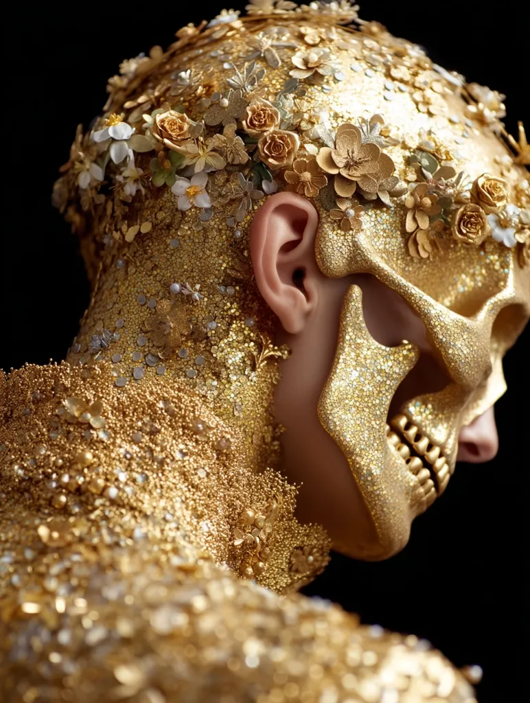 A close-up shot reveals a person adorned in a gold skull makeup.  The skull is meticulously crafted, covered in glittering gold, and embellished with delicate golden flowers arranged as a crown atop their head.  The model's skin is also completely covered in a textured, gold material, creating a unified, opulent, and slightly macabre effect against a black backdrop.