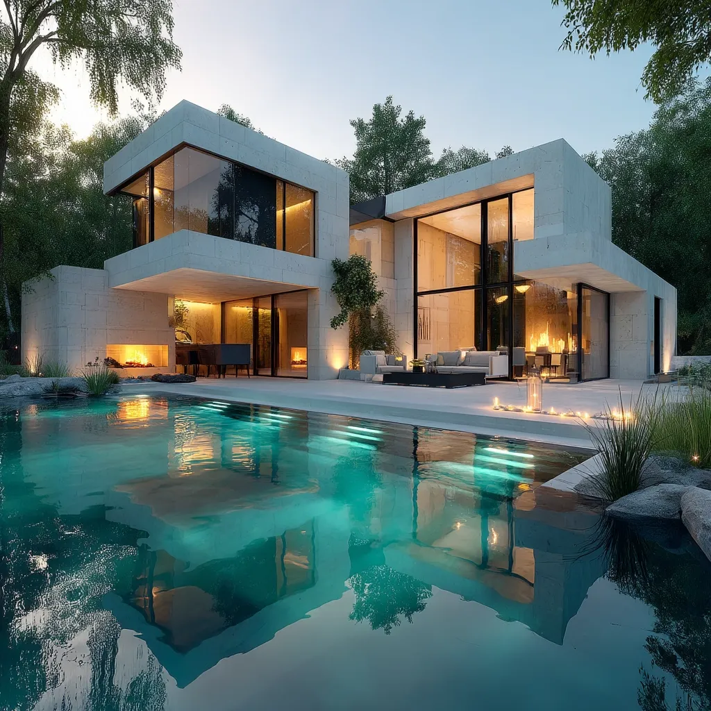 A modern, minimalist concrete house sits nestled in a wooded area.  Large windows offer expansive views, and the interior is warmly lit.  A sleek, turquoise infinity pool extends from the house's patio, reflecting the structure and surrounding trees.  Landscaping includes carefully placed rocks and low-lying plants, creating a serene atmosphere.  The overall design emphasizes clean lines and natural light.
