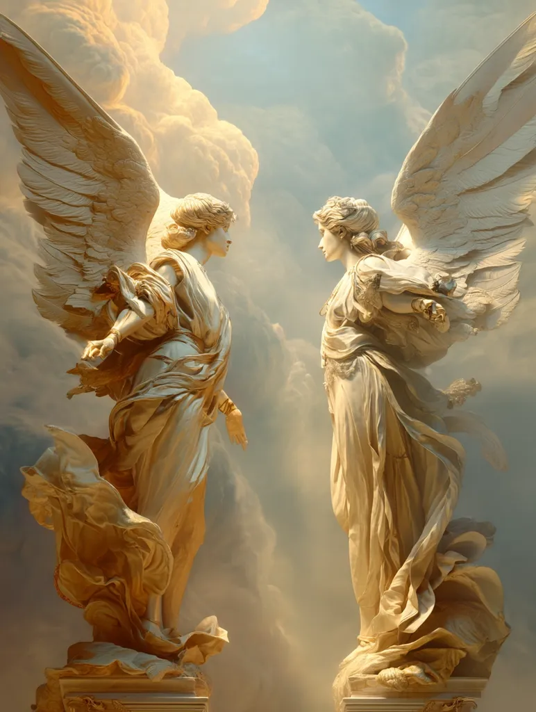Two angelic figures, sculpted in a classical style, stand facing each other against a backdrop of dramatic, swirling clouds.  Their flowing robes and large, intricately detailed wings are rendered in warm, golden hues. The statues are positioned on separate pedestals, creating a sense of balance and serene contemplation.  The overall impression is one of ethereal beauty and divine grace.
