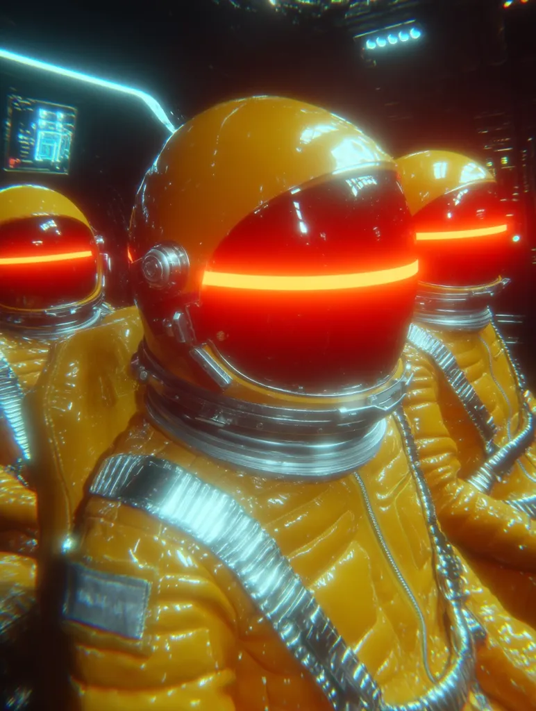 Three astronauts in shiny, bright yellow spacesuits sit closely together.  Their helmets feature a striking red visor with a glowing orange line across the center. The setting appears to be a dimly lit spacecraft interior with futuristic elements.  The overall aesthetic is retro-futuristic, vibrant, and slightly surreal.
