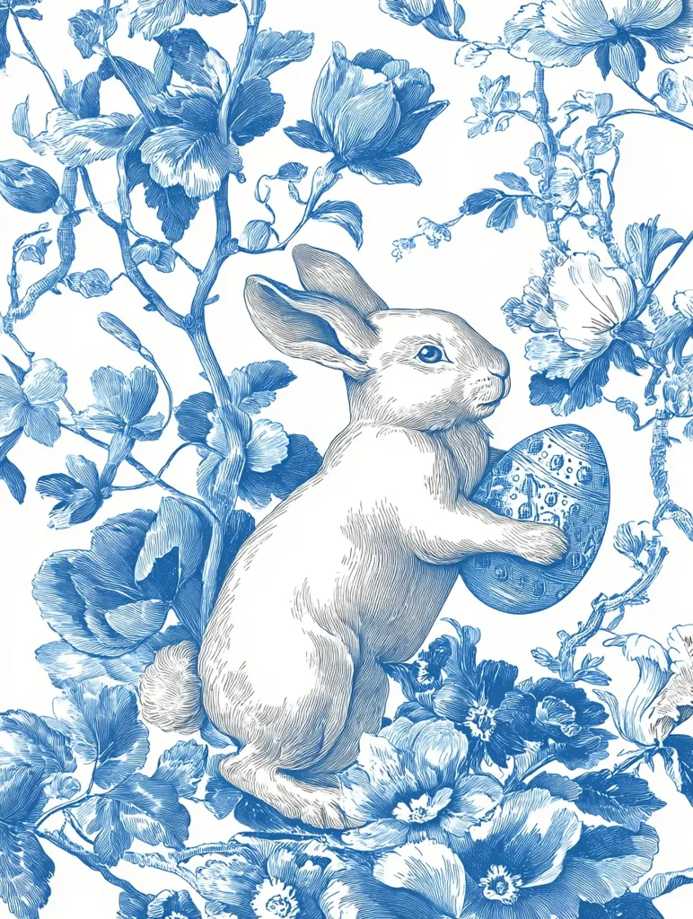 A blue and white illustration depicts a rabbit sitting amidst a blossoming floral arrangement.  The rabbit holds a decorated Easter egg. The style is reminiscent of vintage botanical prints, with detailed linework and delicate shading creating a refined, elegant aesthetic. The overall impression is one of springtime and Easter celebration.