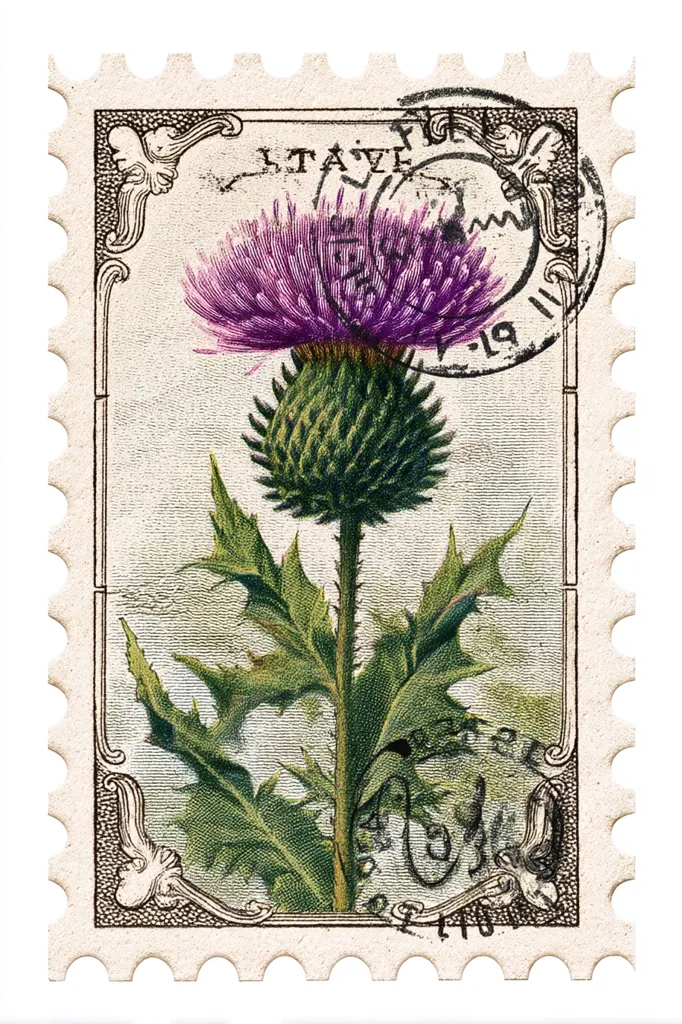 A vintage postage stamp features a detailed botanical illustration of a thistle. The purple flower head and spiky green leaves are rendered with fine detail. The stamp's design includes ornate borders and a postmark, adding to its antique charm.  The color palette is muted, with greens and purples dominating.  The overall effect is reminiscent of a pressed botanical specimen.
