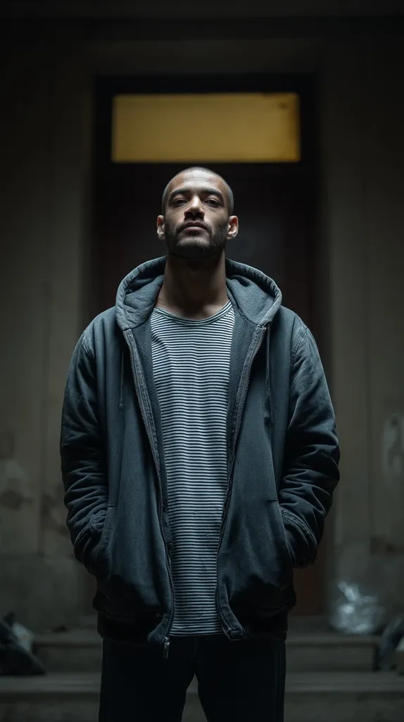 A serious-looking, bald man stands in a dimly lit hallway. He wears a dark gray hooded jacket over a striped shirt and dark pants. His hands are in his pockets, and his expression is neutral. The background is blurry, with a door visible behind him.  The overall mood is somber and contemplative.