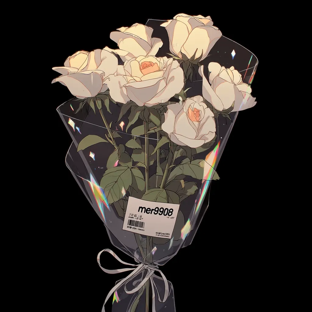 A stylized illustration showcases a bouquet of creamy white roses, artfully arranged and wrapped in iridescent cellophane.  The transparent wrapping reveals the stems and leaves. A small tag bearing the text "mer9908" and barcode is affixed to the bouquet, tied with a simple white ribbon against a stark black background. The overall style is delicate and slightly melancholic.