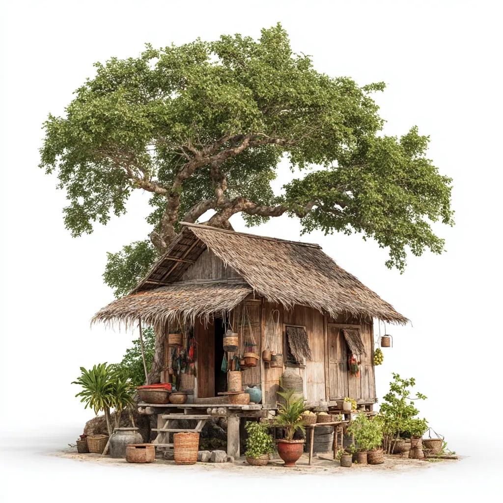 A rustic thatched-roof hut stands beneath a sprawling green tree, isolated on a white background.  The hut, raised on stilts, displays various woven baskets, pottery, and tropical fruits, suggesting a small shop or home in a tropical or Southeast Asian setting.  Surrounding plants and containers complete the scene, creating a tranquil and idyllic image.