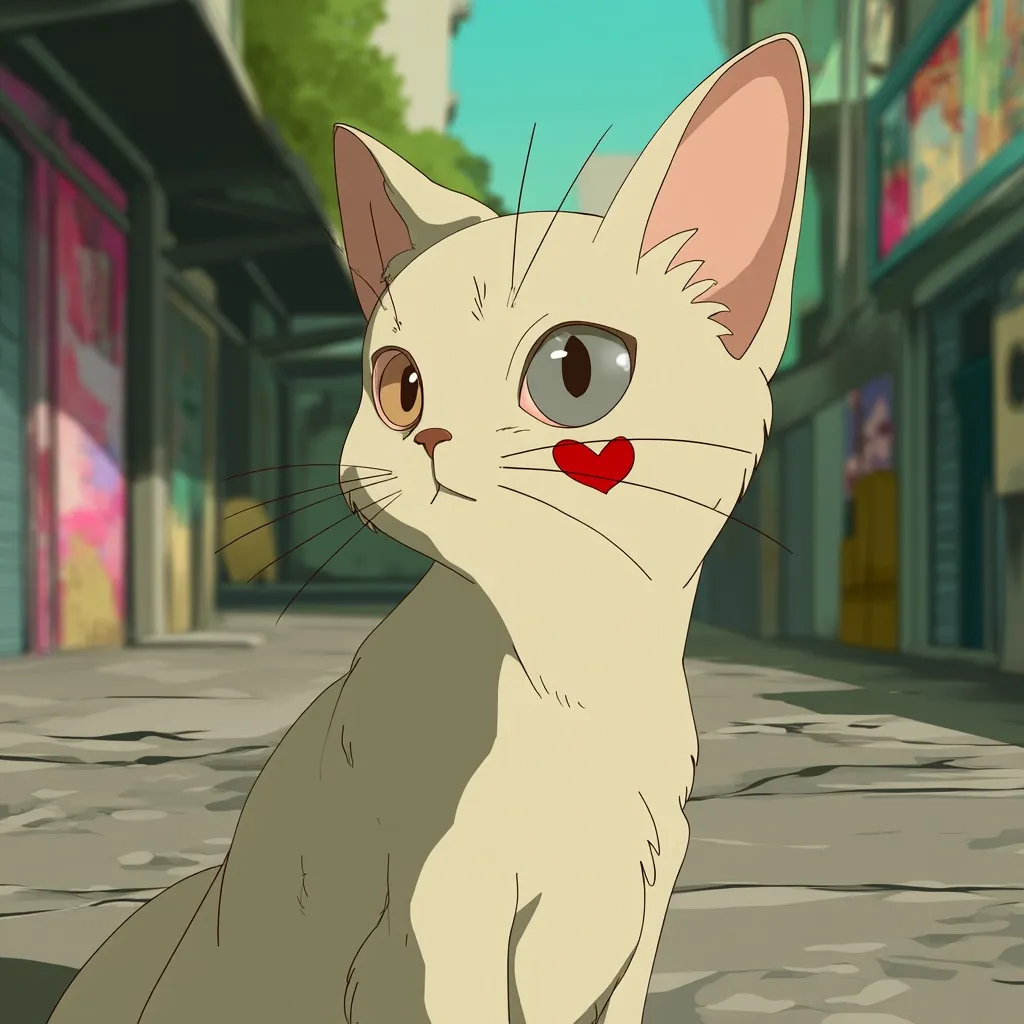 A charming anime-style kitten, predominantly white with a creamy tone, sits on a paved alleyway.  Its most striking features are its heterochromia iridum – one golden, one gray eye – and a small red heart marking on its cheek. The background depicts a blurred cityscape with muted colors, suggesting an urban setting. The kitten's expression is calm and observant.