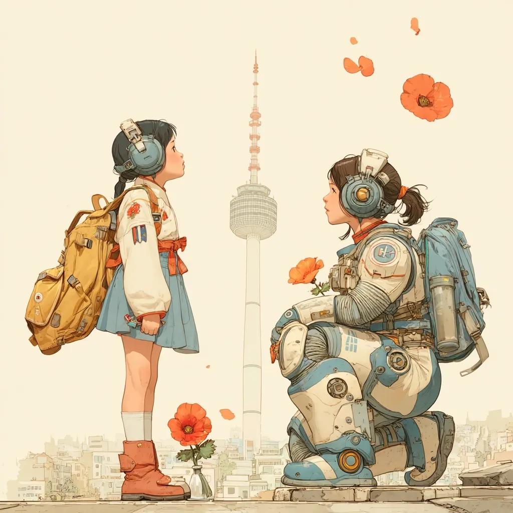 A girl in traditional Korean clothing stands facing a girl in futuristic astronaut gear.  They are positioned before a cityscape backdrop featuring Seoul Tower.  Poppies are scattered around them, with one in a small glass vase. The scene evokes a sense of contrast between tradition and technology, innocence and adventure, or perhaps a poignant farewell. The artwork's style is reminiscent of contemporary digital illustration.