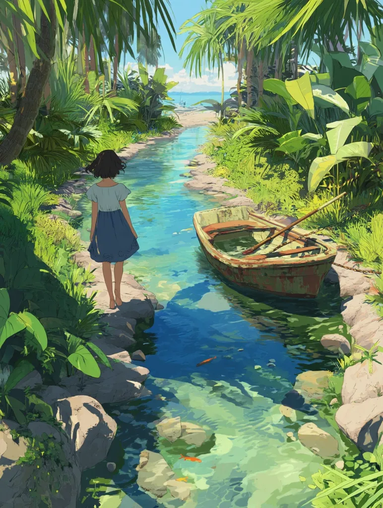 A young woman in a blue dress stands by a tranquil stream flowing through a lush, tropical paradise.  An old wooden rowboat rests in the clear water, where small fish swim.  Lush green foliage lines the banks, creating a serene and idyllic scene under a bright, sunny sky.  The overall atmosphere is peaceful and dreamlike.