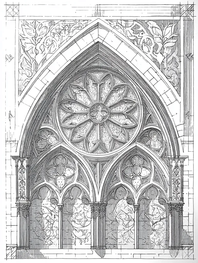 A detailed architectural drawing showcases a Gothic-style window.  The pointed arch is adorned with intricate tracery, featuring a large rose window at the center and smaller, equally ornate panels below.  Elaborate foliate designs frame the top, while slender columns and further decorative elements support the structure.  The style suggests a church or cathedral window.  The drawing's precision indicates a design or blueprint.