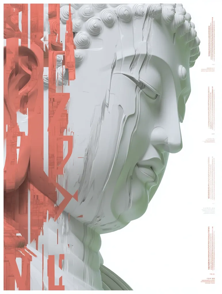 The artwork features a fragmented, 3D-rendered bust of a Buddha.  The sculpture is predominantly white, with visible cracks and fissures suggesting decay or deconstruction.  A contrasting coral-colored, abstract element is superimposed on the left, possibly representing text or a cityscape, creating a juxtaposition of ancient serenity and modern disruption. The overall style is minimalist and evocative, blending traditional Eastern imagery with contemporary digital aesthetics.