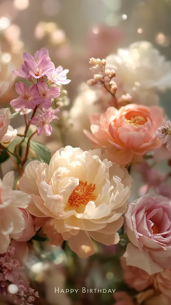 A close-up shot of a beautiful bouquet of pastel-colored flowers.  Delicate peonies in creamy white and soft peach are prominent, surrounded by smaller pink blossoms and buds.  The soft lighting and gentle bokeh create a romantic and celebratory atmosphere.  The words "Happy Birthday" are subtly placed at the bottom.
