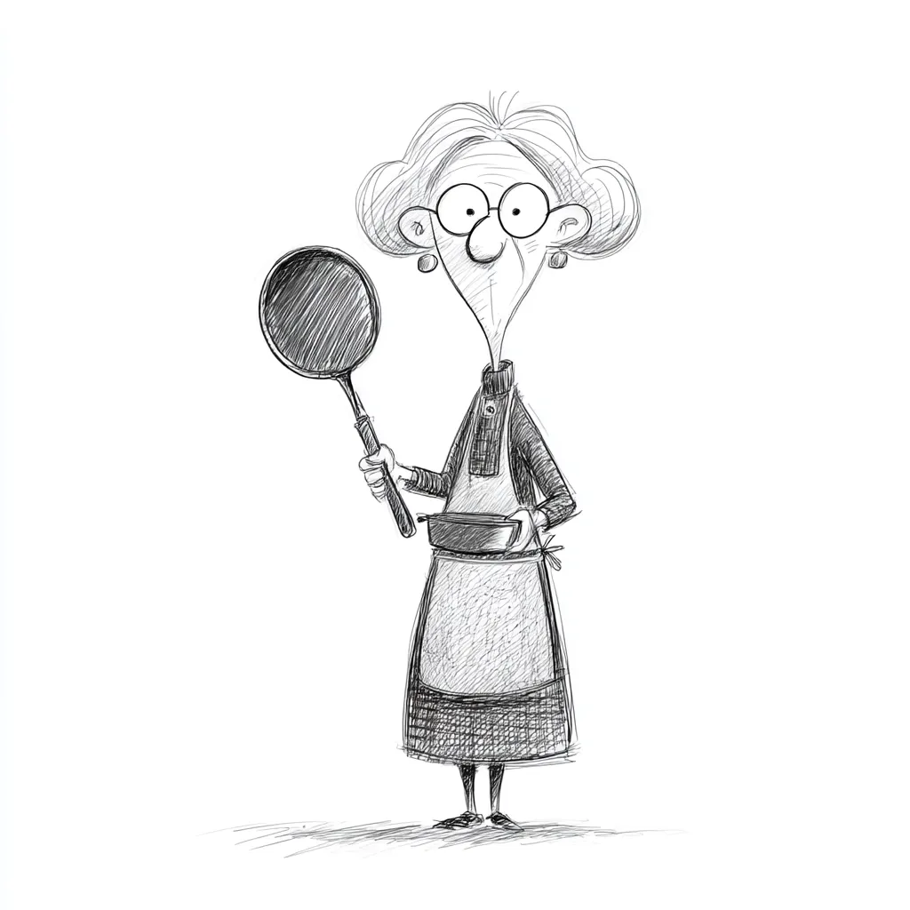 A whimsical sketch of an elderly woman, her glasses perched on her nose, stands proudly holding a frying pan and a small bowl.  Her apron is neatly tied, and her expression is one of quiet competence. The style is cartoonish yet endearing, suggesting a grandmotherly figure known for her culinary skills.  The drawing is done in pencil, with shading conveying texture and depth.