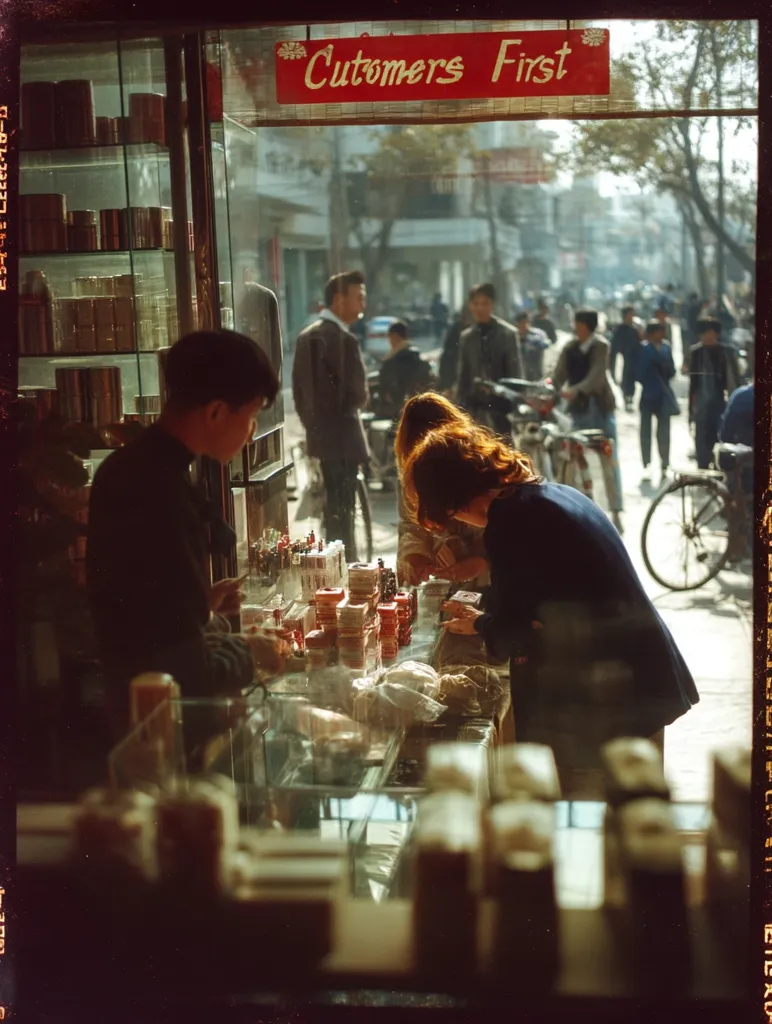 A bustling street scene in China is viewed through the glass window of a small shop.  The shop's sign reads "Customers First".  Two people attend to customers inside, while numerous pedestrians, many on bicycles, pass by on the sunlit street.  The shop's shelves are filled with various goods, suggesting a general store. The overall atmosphere is one of everyday life in a vibrant city.