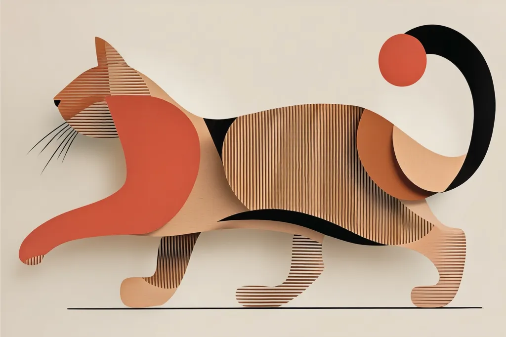 A stylized illustration of a cat, rendered in geometric shapes and layered textures.  The cat's body is composed of varying shades of orange and brown, with black accents outlining its form.  The lines suggest corrugated or layered paper, creating a three-dimensional effect.  The overall aesthetic is minimalist and modern.