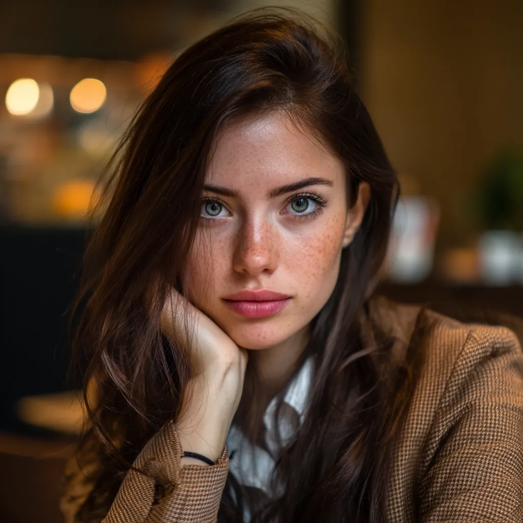 A young woman with long brown hair and freckles rests her chin on her hand.  She gazes directly at the camera with clear green eyes.  She's wearing a brown tweed jacket over a white collared shirt. The background is blurred, suggesting a cafe or restaurant setting.  The image is softly lit, emphasizing her features.