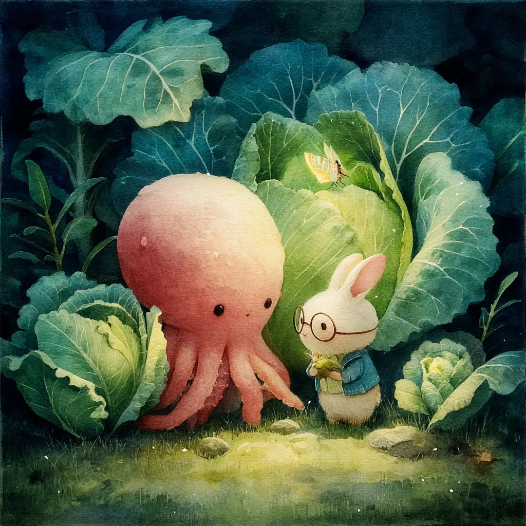 A whimsical watercolor painting depicts a friendly pink octopus and a bespectacled bunny rabbit amidst lush green cabbage plants.  The bunny, wearing a denim jacket, holds something small.  A delicate moth flutters nearby. The scene is softly lit, creating a peaceful and charming atmosphere in a garden setting.