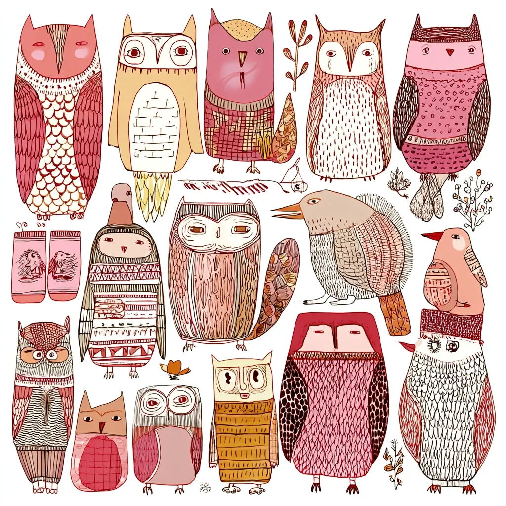 A whimsical collection of owls and birds, rendered in a hand-drawn style.  The illustration features a variety of colors, primarily muted pinks, reds, and browns.  Owls are depicted in various poses and wearing sweaters, while other birds are shown in flight or perched.  The overall style is charming and slightly quirky, with intricate details in each creature's design.  A pair of socks and small floral elements are also included.
