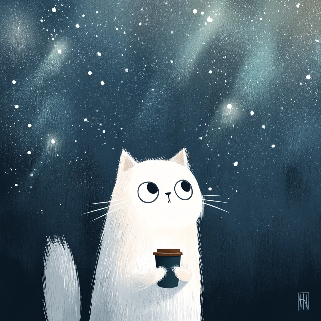A fluffy white cat, with wide, curious eyes, gazes up at a night sky teeming with stars and shooting stars.  The cat holds a dark brown takeaway coffee cup. The illustration is digitally painted, with a soft, dreamy aesthetic. The overall mood is peaceful and whimsical.