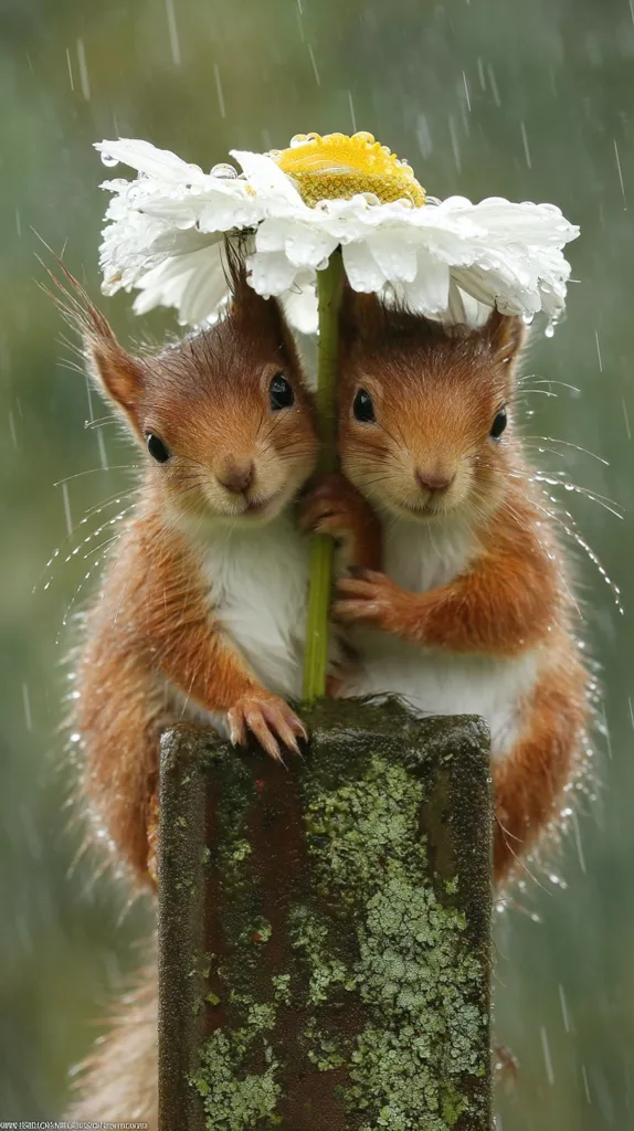 Two adorable red squirrels huddle together under a large daisy, which serves as their impromptu umbrella in the rain.  They are perched on a mossy post, their tiny bodies sheltered from the downpour.  The image is a charming display of wildlife resilience and the unexpected beauty found in nature. The rain adds a soft, dreamy quality to the scene.