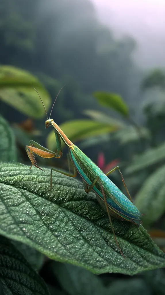 A vibrant green and teal praying mantis perches on a dew-covered leaf.  The insect's intricate details are sharply focused against a softly blurred background of lush green foliage and a misty atmosphere.  The image evokes a sense of serenity and the beauty of the natural world.