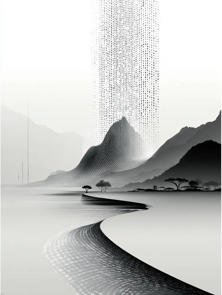 A grayscale digital landscape merges nature and technology.  Binary code cascades from above, transforming into a flowing path winding through a serene, mountainous scene.  Sparse trees and structures dot the foreground, creating a tranquil yet futuristic atmosphere. The image blends traditional ink-wash painting aesthetics with modern digital elements.