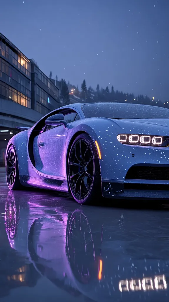 A Bugatti Chiron, glistening with raindrops, is parked under a twilight sky dusted with snowflakes.  The car's purple underglow reflects on the wet pavement, creating a vibrant contrast against the dark cityscape and snowy hillside in the background.  The scene evokes a sense of quiet elegance and speed, a moment of stillness before the potential for powerful motion.