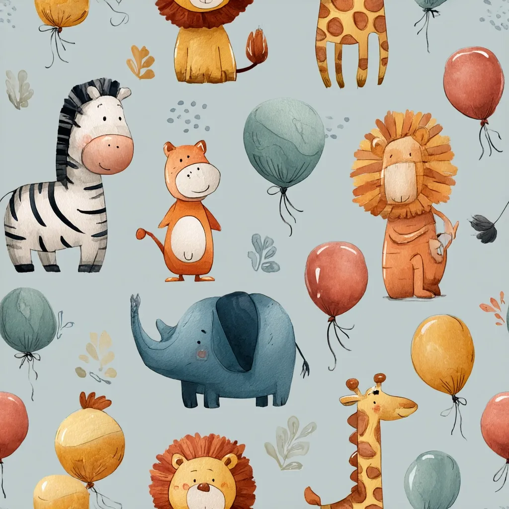 A charming seamless pattern featuring adorable watercolor safari animals.  Lions, giraffes, zebras, elephants, and monkeys are interspersed with colorful balloons against a light blue background.  Simple botanical elements add to the playful, whimsical design, perfect for children's textiles or stationery.  The style is sweet and slightly naive, evoking a sense of childhood joy.