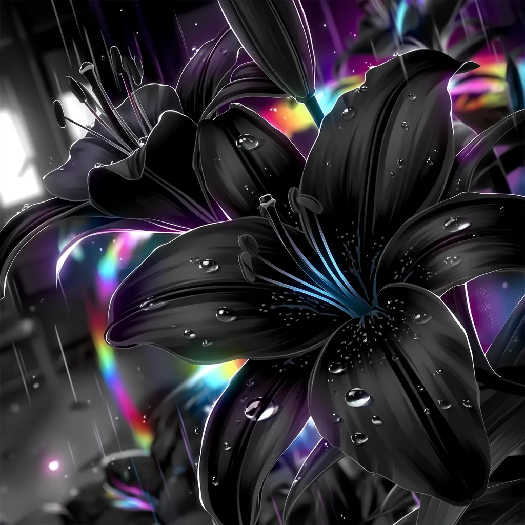 A captivating digital illustration showcases two dark lilies, glistening with water droplets.  The petals are a deep black, contrasting sharply with vibrant, rainbow-hued streaks of light behind them, suggesting rain and a mystical atmosphere. The background is a grayscale depiction of a blurred, rainy scene, enhancing the lilies' dramatic presence. The overall style is artistic and slightly surreal.