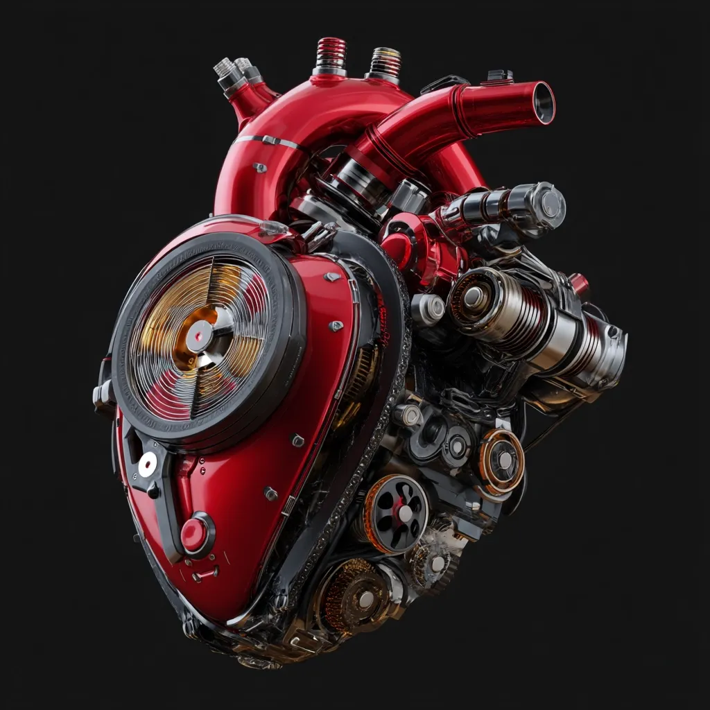 A 3D rendering showcases a meticulously detailed mechanical heart.  Predominantly red with intricate black metal components, it resembles a complex engine.  Gears, pipes, and a prominent fan are visible, suggesting internal mechanisms. The heart's form is realistically anatomical, creating a striking contrast between organic shape and technological complexity. The dark background emphasizes the vibrant red and metallic details of the artificial organ.