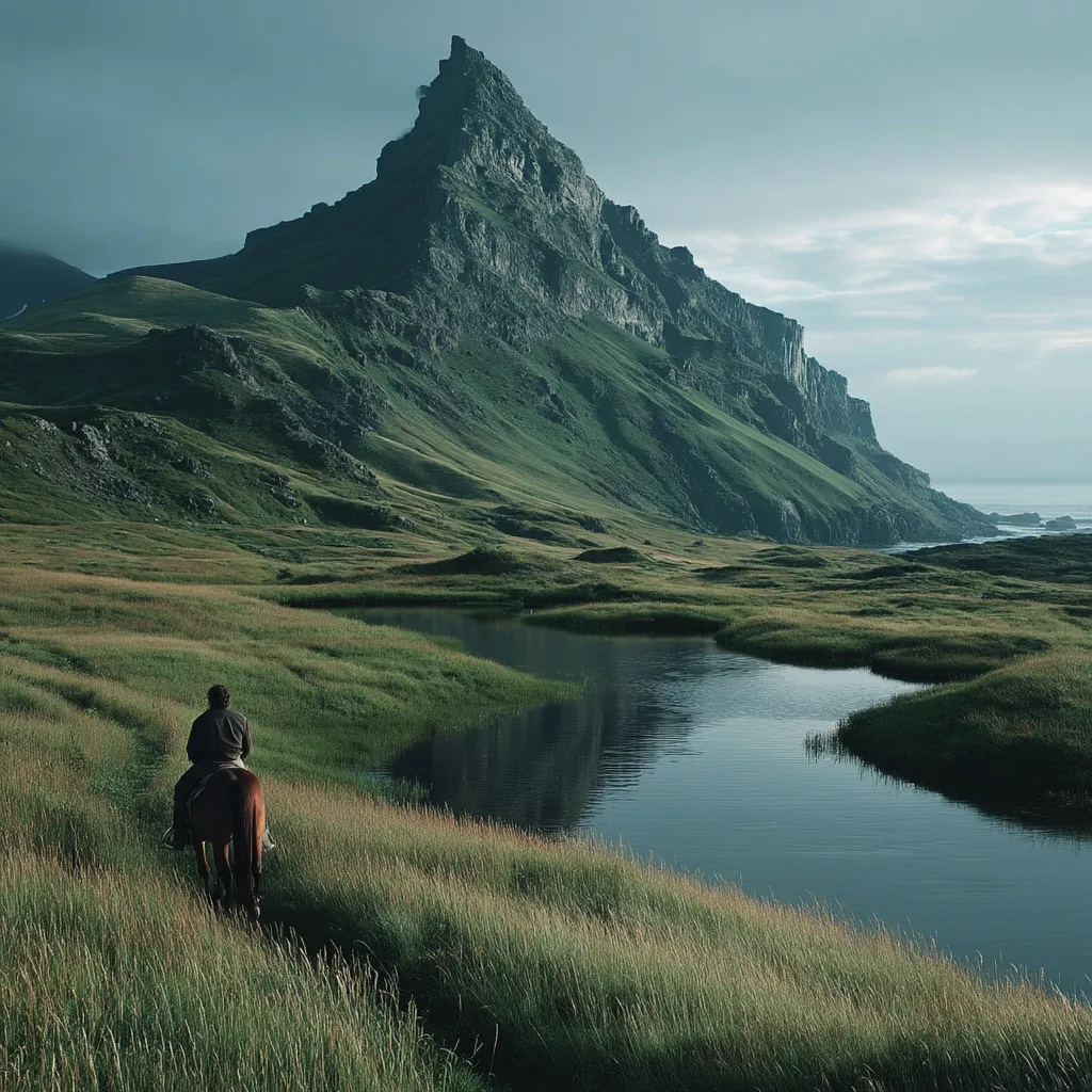 A lone rider on horseback traverses a serene, grassy plain.  A tranquil stream meanders through the landscape, reflecting the sky and the imposing, verdant mountain that dominates the background. The scene evokes a sense of peace and solitude against the backdrop of a dramatic, yet tranquil, natural setting. The vastness of the land and the small figure of the rider emphasize the scale of the majestic mountain.