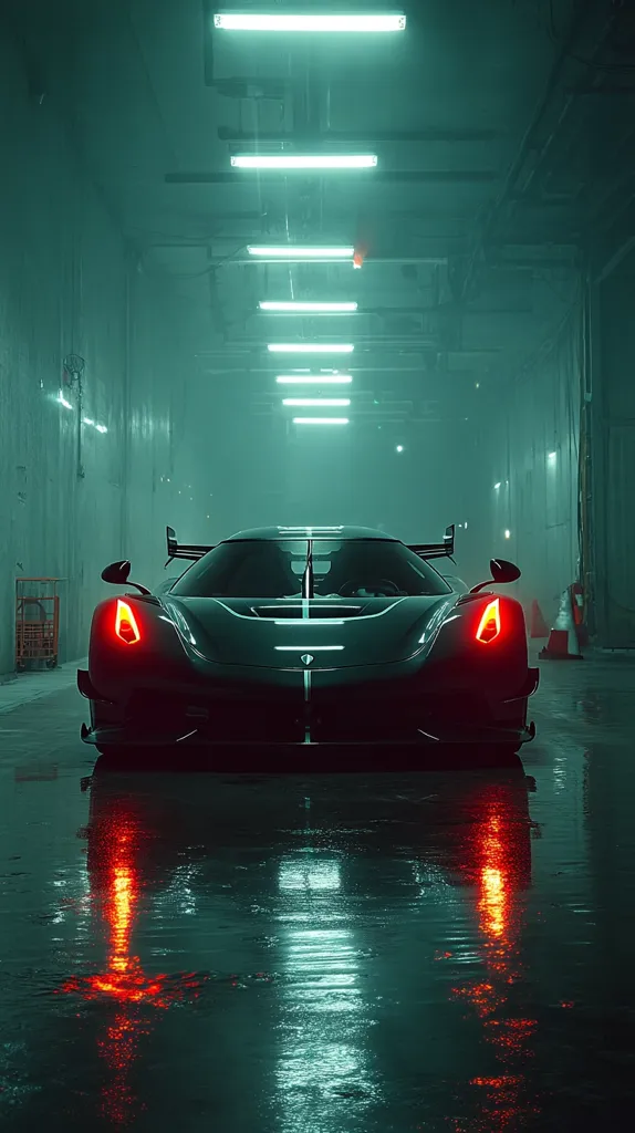 A sleek, dark-colored hypercar sits in a dimly lit, wet garage.  Fluorescent lights illuminate the long, narrow space above. The car's reflection is visible on the glossy floor, creating a striking symmetry. The overall atmosphere is moody and stylish, highlighting the car's powerful design.  Red taillights are subtly visible, adding a touch of color to the dark setting.