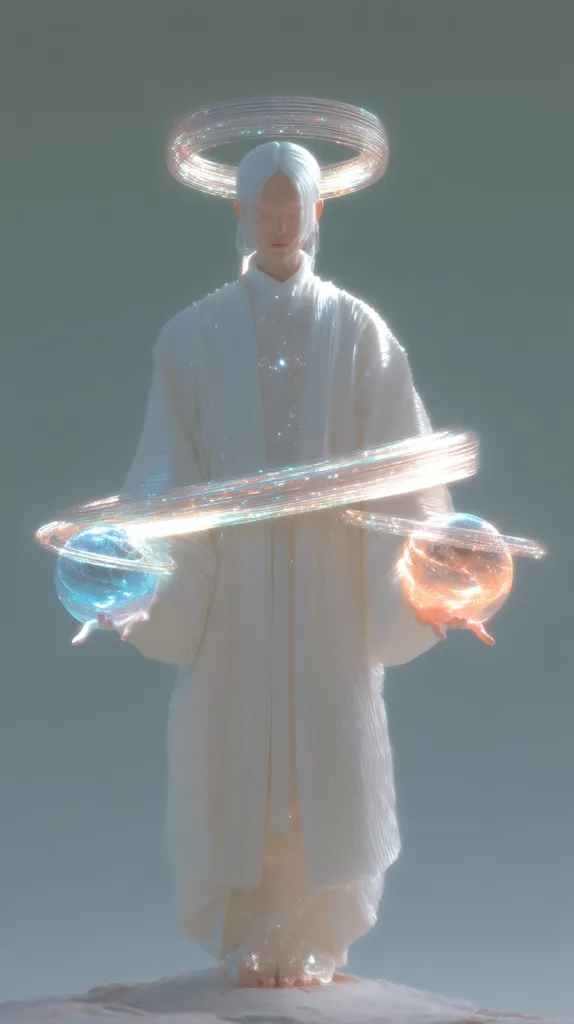 A serene, ethereal figure, adorned in flowing white robes, stands at the center.  A luminous halo encircles their head, while translucent rings orbit glowing orbs held delicately in each hand. The overall aesthetic is dreamy and otherworldly, suggesting a celestial being or a deity. The soft lighting enhances the mystical quality of the image.